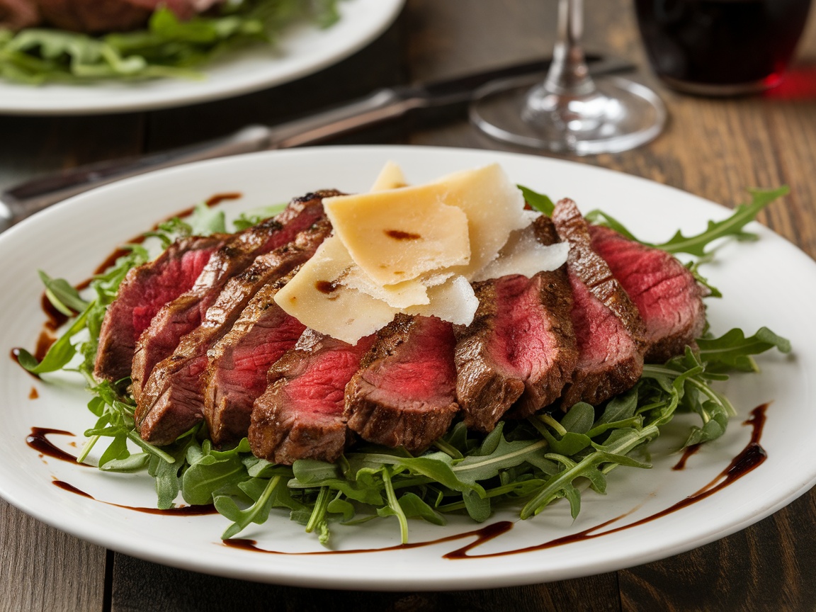 Classic Beef Tagliata Recipe Sliced Beef Tagliata on arugula with Parmigiano-Reggiano and balsamic vinegar on a rustic table.